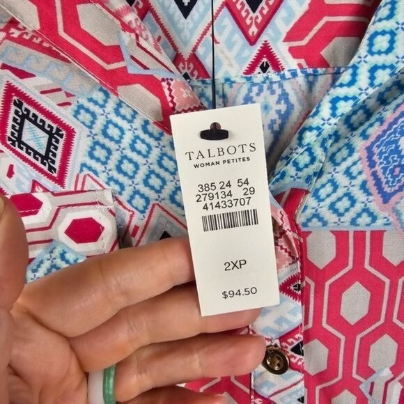 Talbots Geometric Button Up Blouse 2XP Multicolor Patchwork Roll Tab Sleeves NWT - Picture 5 of 10